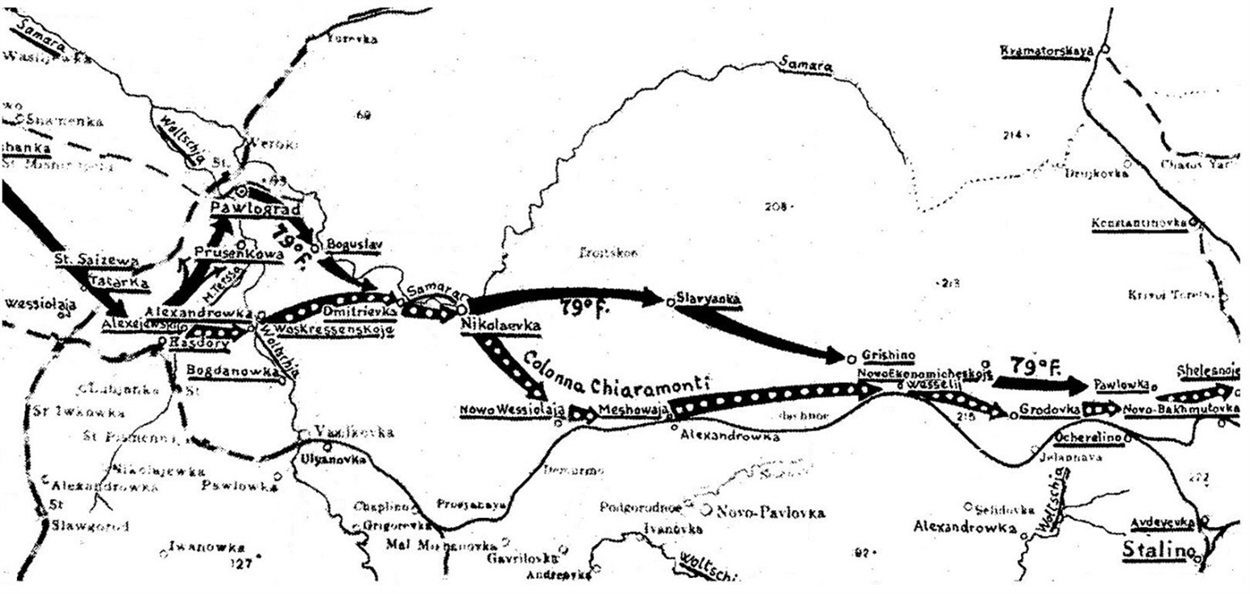 Фрагмент італійської карти, на якій позначено формування і подальший рух «Колони К’ярамонті» через село Миколаївка (жовтень 1941 р.)