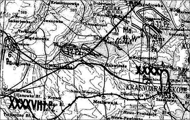 Частина карти «Стан на Сході» - Карта, що показує стан військ вермахту на німецько-радянському фронті, включаючи стан частин червоної армії, станом на 23.02.1943» - з документів відділу IIIb оперативного управління Генерального штабу при ОКХ.